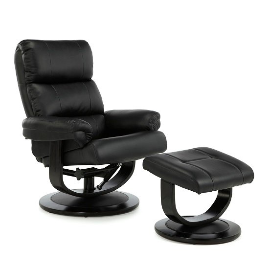 Darwin Recliner Chair In Black Faux Leather With Footstool