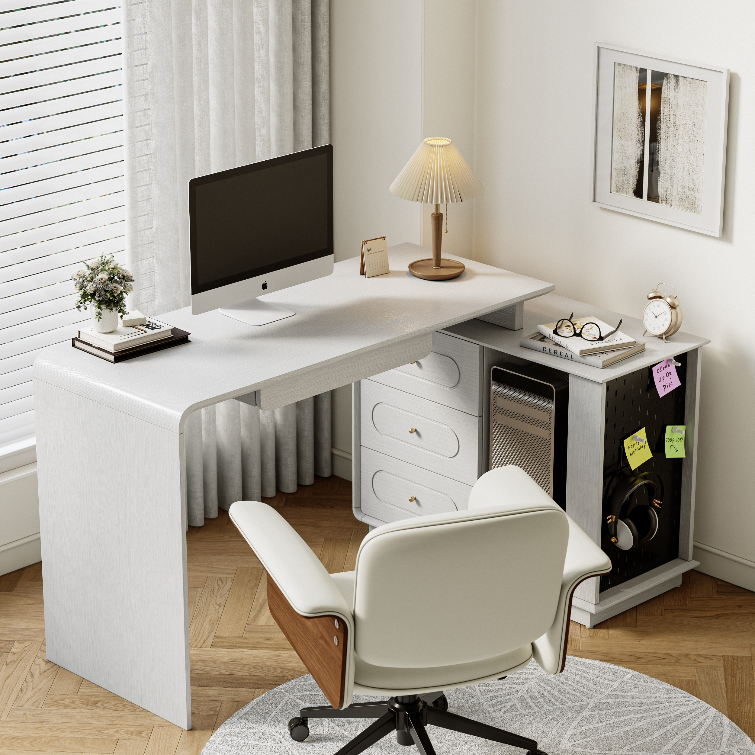 Modern 185 cm L-Shaped White Rotating Desk with Keyboard Tray & Storage