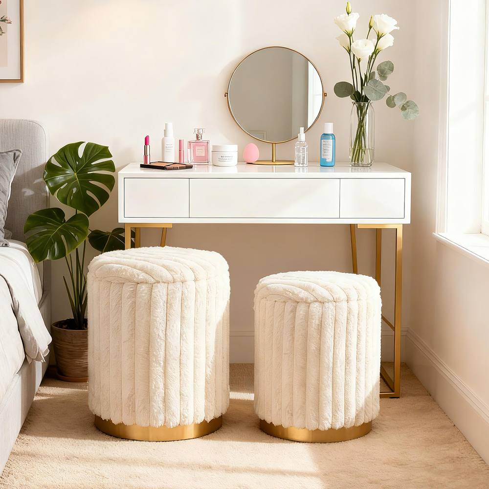 Costway Modern Ottoman Set of 2 Vanity Stool Footrest w/ Detachable Lids in Cream