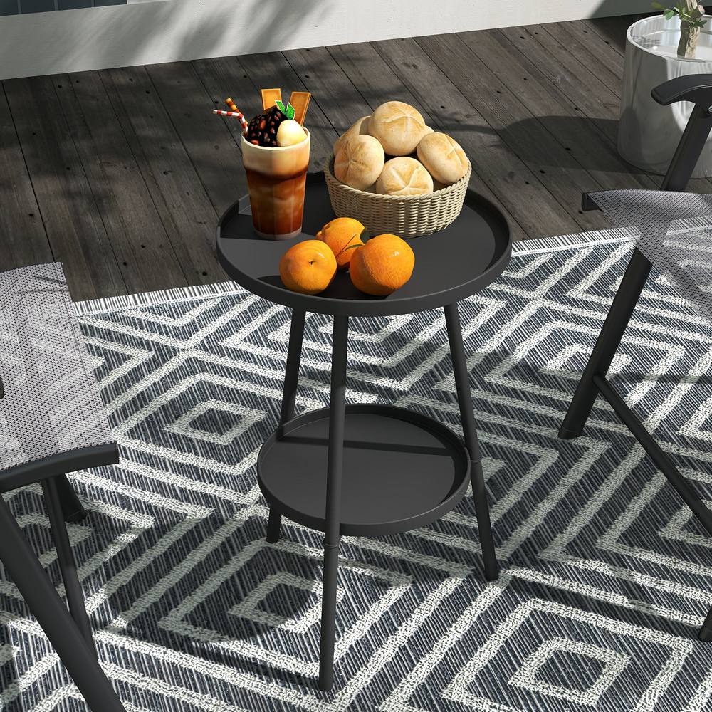 OUTSUNNY Round Garden Table, 2-Tier Metal Patio Table Coffee Table, Black