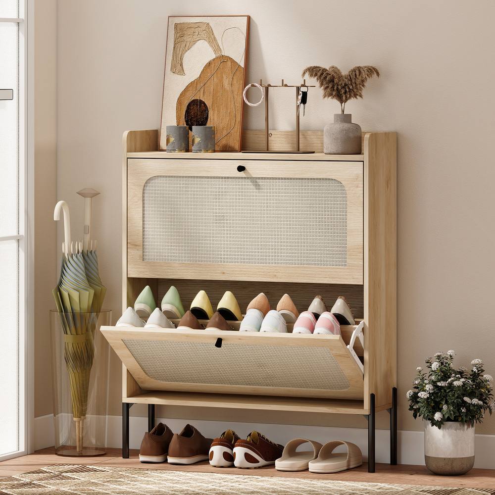HOMCOM Boho Narrow Shoe Cabinet, Shoe Rack with 2 Flip Drawers in Light Brown