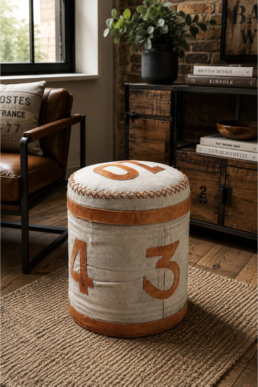 IH Design Stool Retro Canvas & Leather Ottoman Fully Assembled in Light Sand