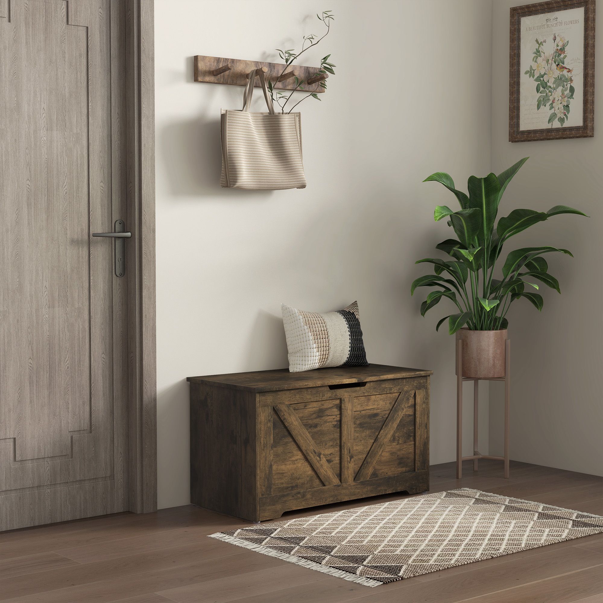 HOMCOM Storage Trunk for Living Room, with Safety Hinge, 80cm, Rustic Brown