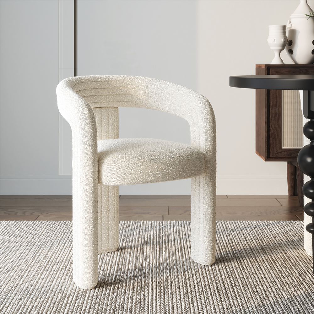 Off White Boucle Dining Room Chair Set of 2 Modern Channel Back C-Shaped Dining Chair
