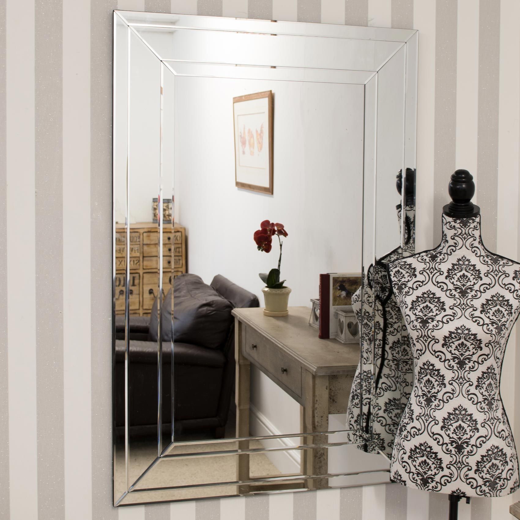 MirrorOutlet Langley All Glass Modern Bevelled Large Dress Mirror 120 x 80 CM in Silver