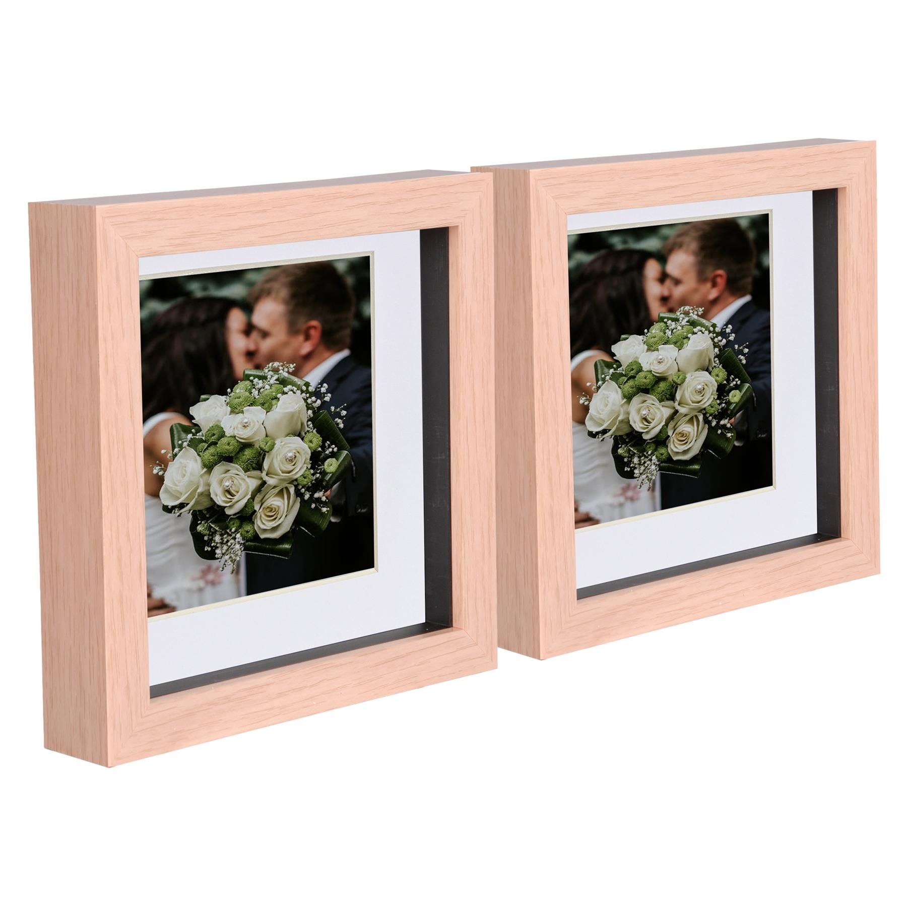 Nicola Spring 6" x 6" 3D Box Photo Frames - 4" x 4" Mount - Light Brown - Pack of 2 in White