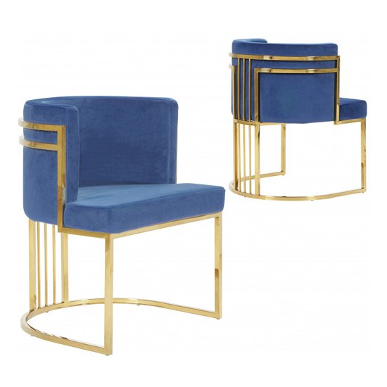 Casoli Blue Velvet Dining Chairs In Pair With Gold Legs