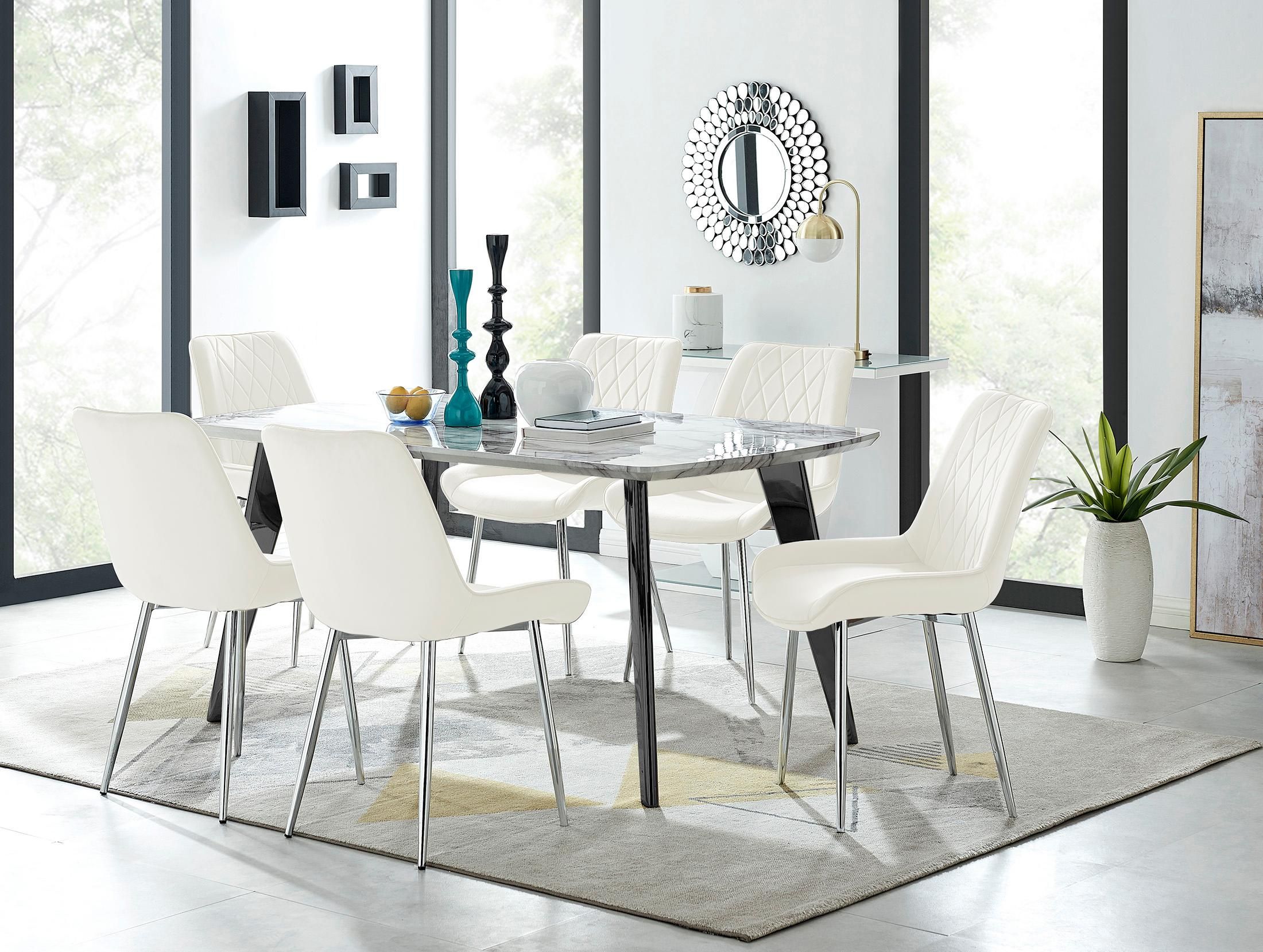 FurnitureboxUK Andria Marble Effect Dining Table With Black Legs & 6 Pesaro Velvet Silver Leg Chairs in Cream