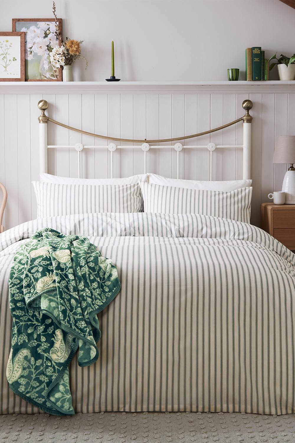 Helena Springfield 'Ticking Stripe' Cotton Duvet Cover Set in Light Green