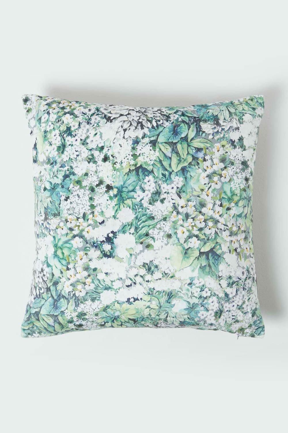 Homescapes Floral Garden Green Velvet Cushion 46 x 46 cm