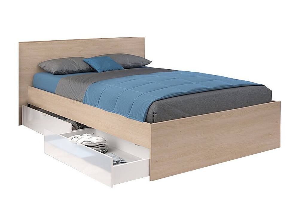 Vente-unique Bed With 2 Drawers 140 X 190 Cm - Colours: Natural & Shiny White in Light Oak