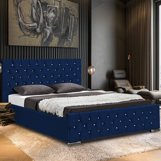 Papillion Plush Velvet Small Double Bed In Blue