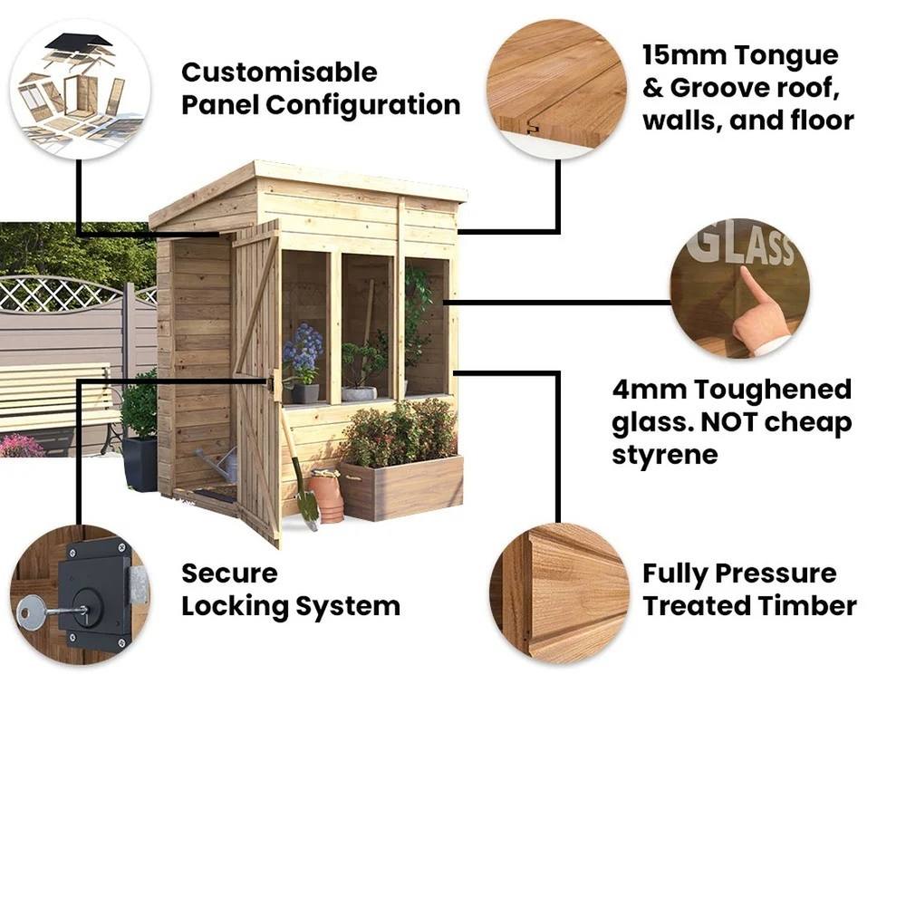 Dunster House Wooden Potting Shed Pent Roof W4' x D6' (W1.2 x D1.8m) Overlord Modular in Brown 4