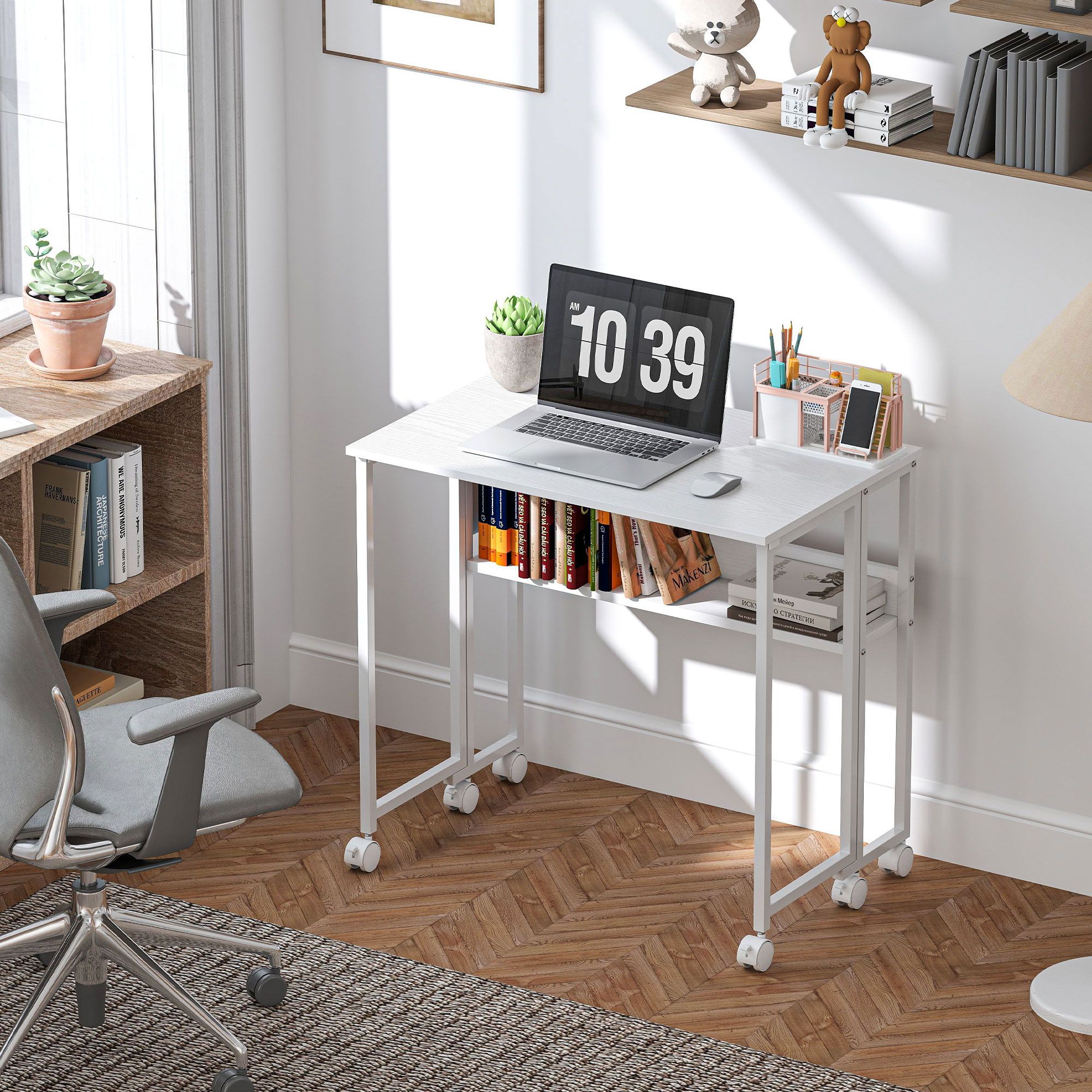 HOMCOM 80 cm Foldable Computer Desk on Wheels for Small Spaces White