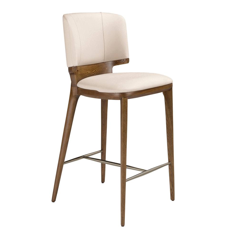 Angel Cerda Cream Leatherette Stool with Walnut Legs & Gold-Colored Detail