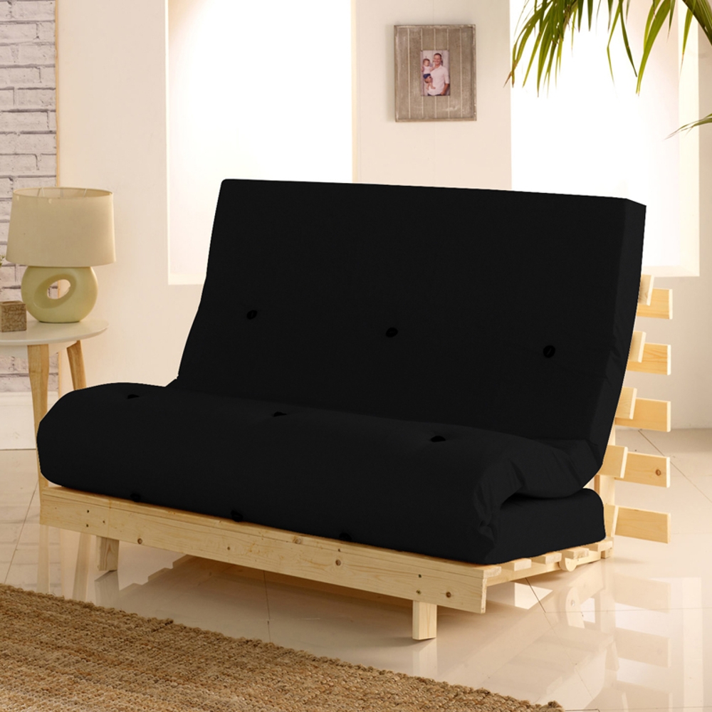 Metro Pine Wooden 1 Seater Chair/Folding Guest Bed with Black Futon Mattress - 2ft6 Small Single