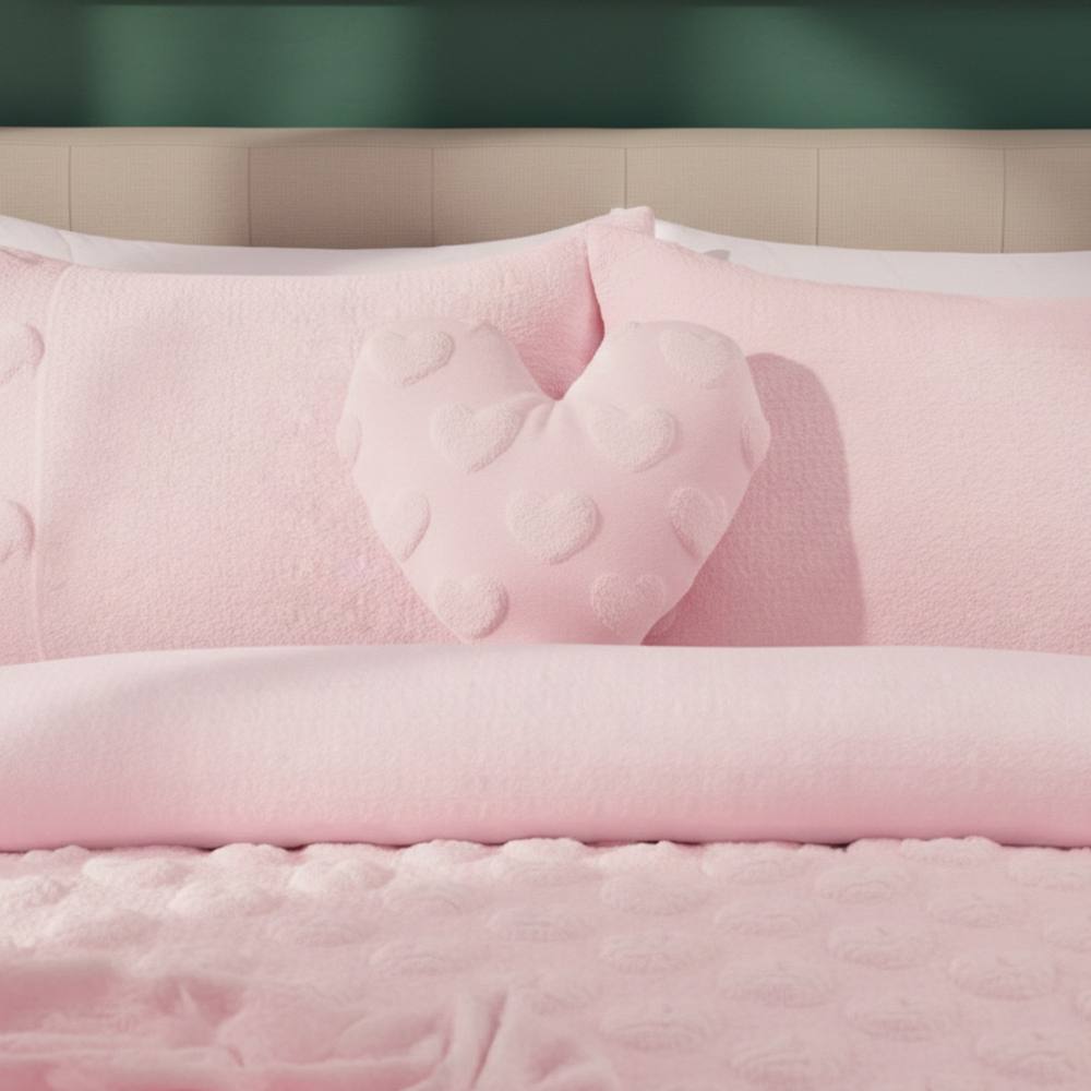 Snug City Heart Shaped Teddy Fleece Cushion Ultra Soft Plush Decorative Pillow in Pink