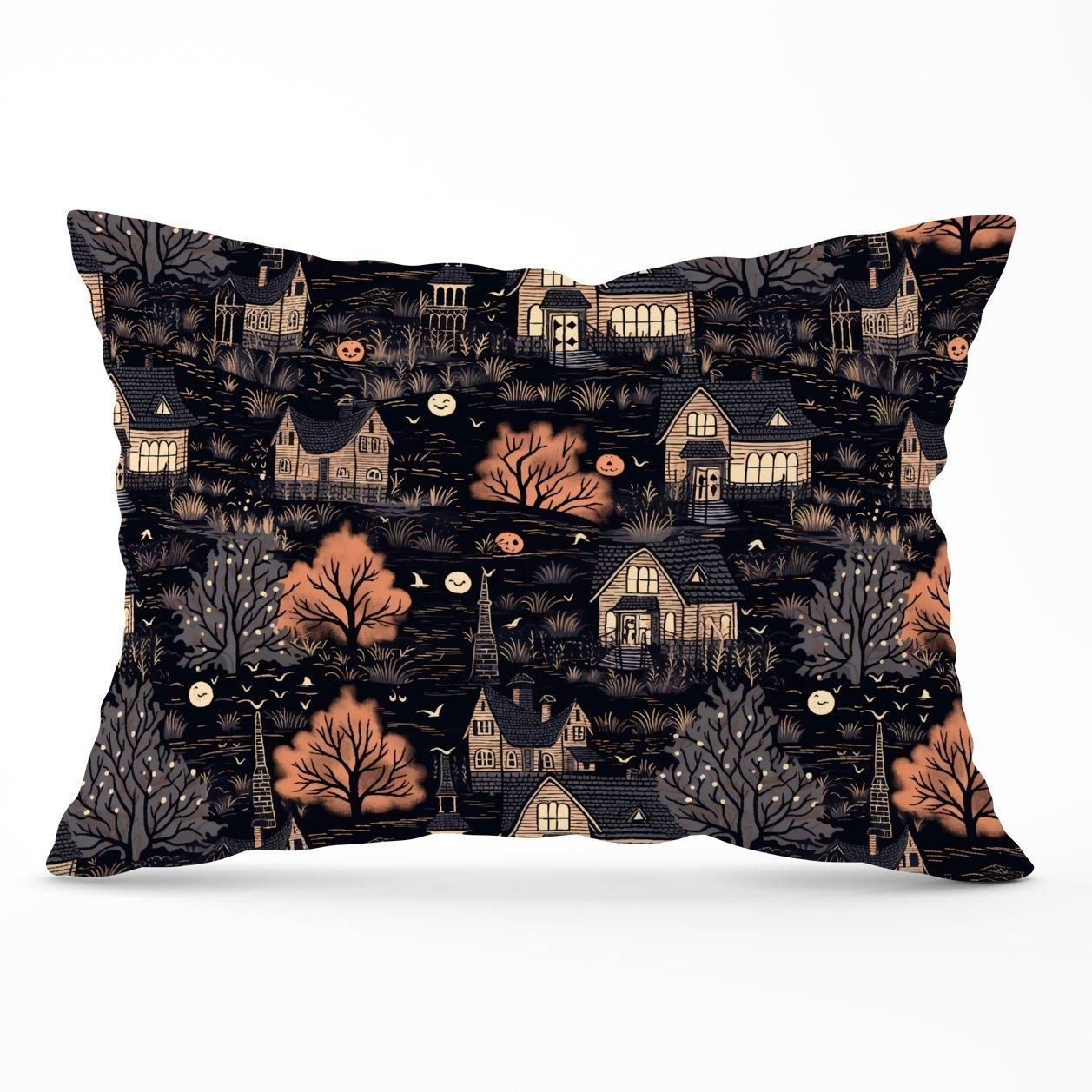 Warren Reed - Designer Spooky Haunted Houses Pattern Cushions in Brown