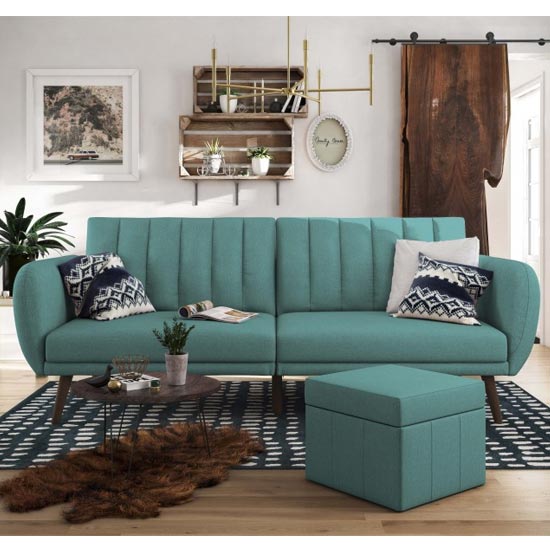 Brittany Linen Sofa Bed In Light Blue With Wooden Legs