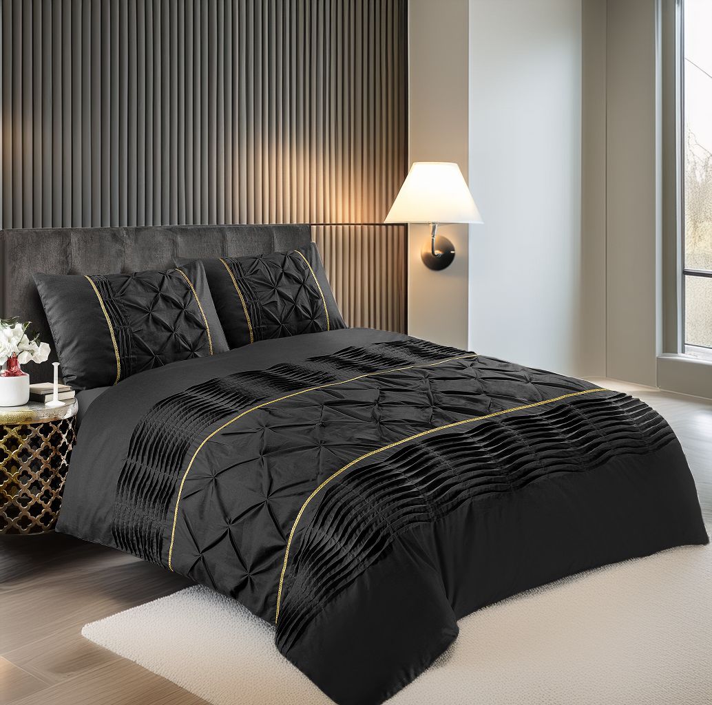 Snug City Duvet Cover & Pillowcase Set Modern Pintuck Border Pleated Bed Linen in Black