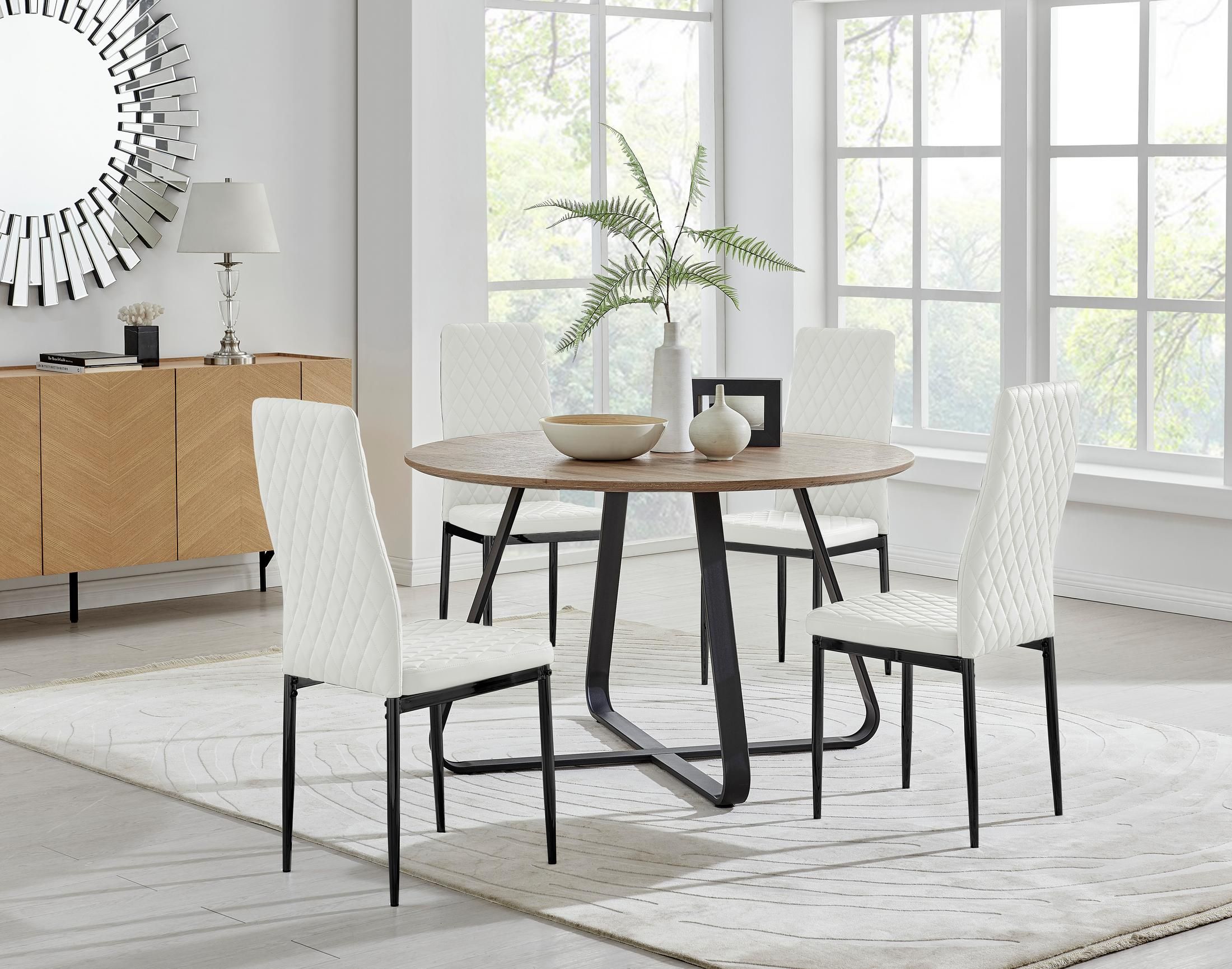FurnitureboxUK Santorini Brown Round Dining Table & 4 Milan Black Leg Chairs in Off-White