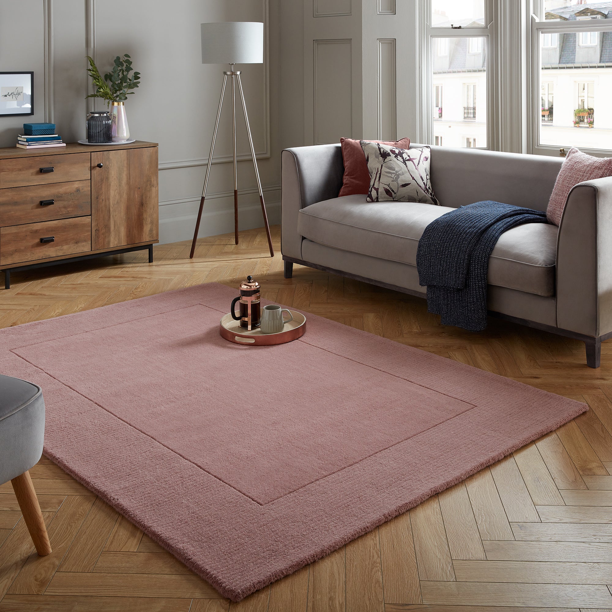 Boston Wool Border Rug Pink