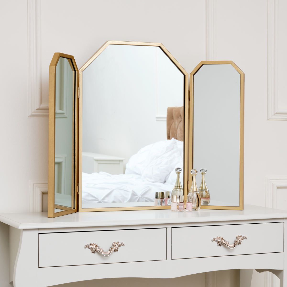 Melody Maison Gold Hexagon Triple Dressing Table Mirror 82cm X 59cm