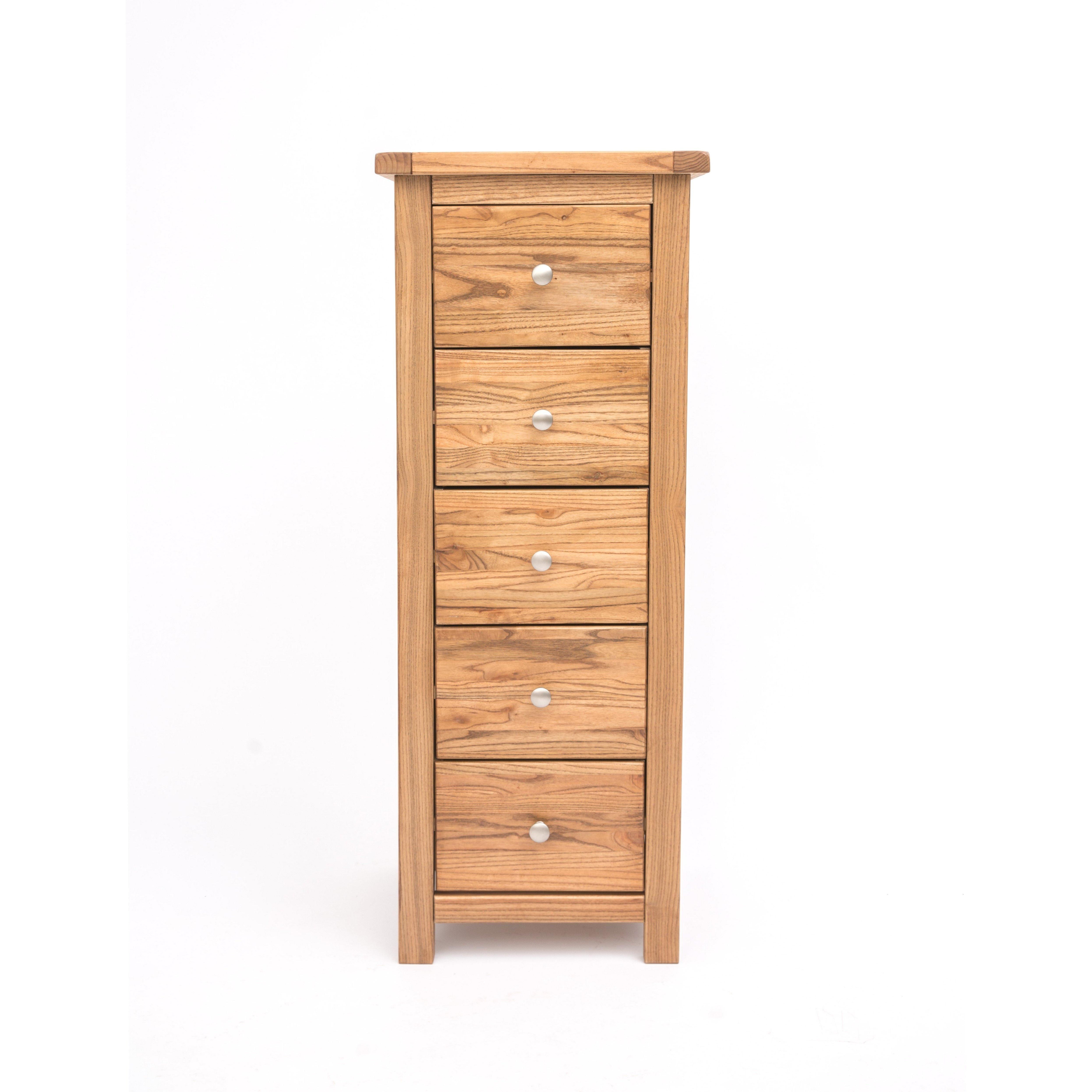 Cabinet Bits Trivento 5 Drawer Narrow Chest of Drawers Chrome Knob in Natural