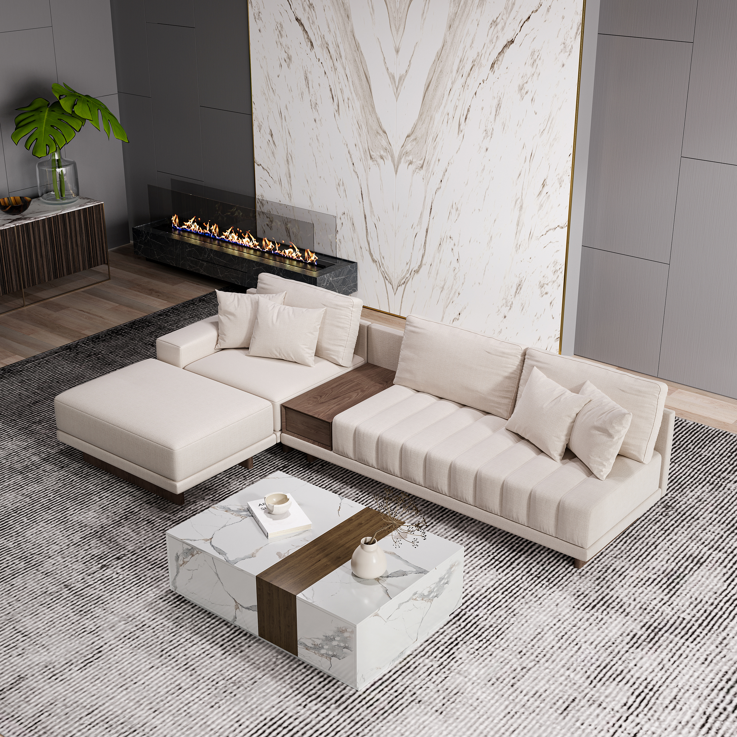 Modern Living Room Couch Set Fabric L-Shaped White Modular Sectional Sofa & Wood Block Coffee Table