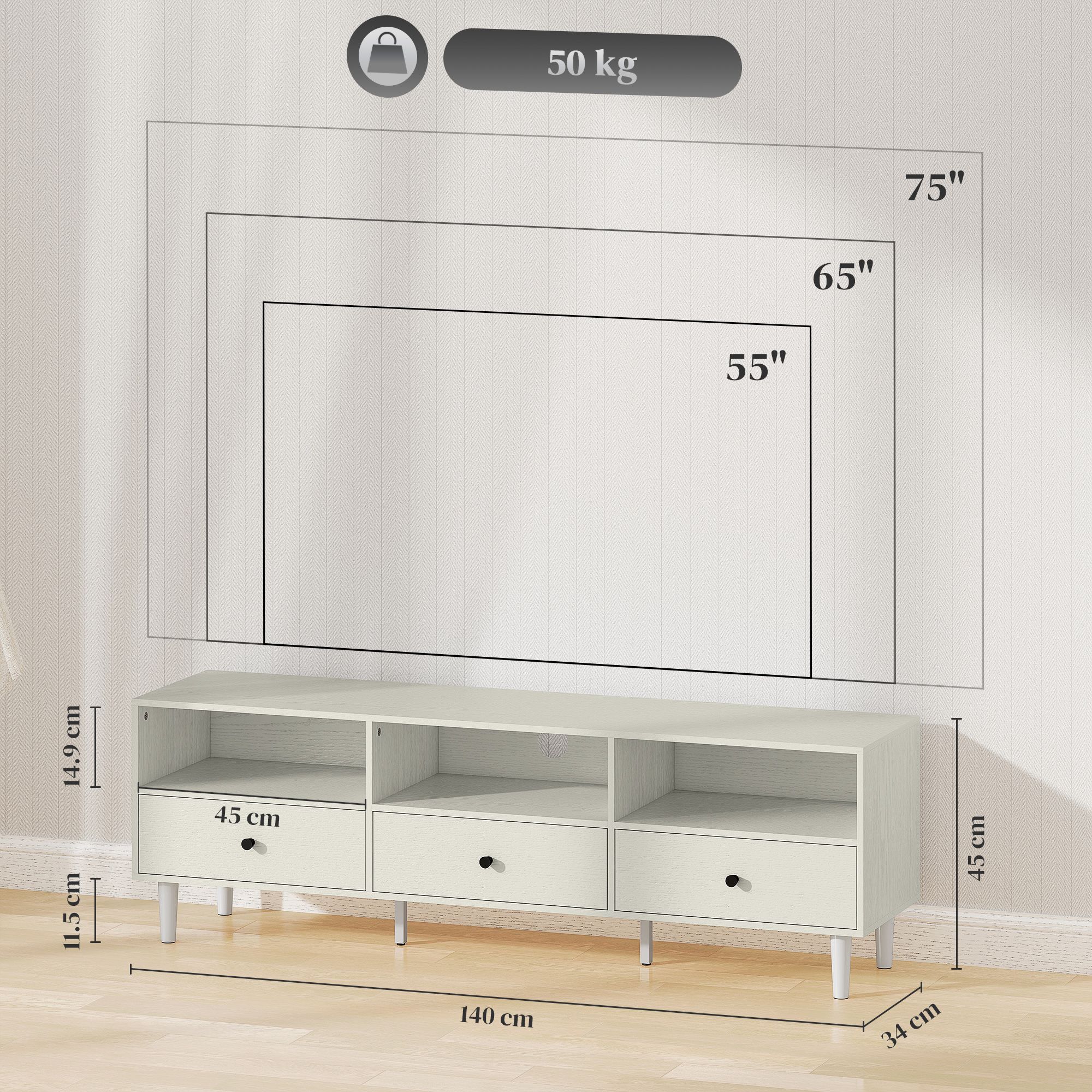 HOMCOM TV Unit, TV Cabinet for up to 75", with Drawers, Shelves, Cream White 3