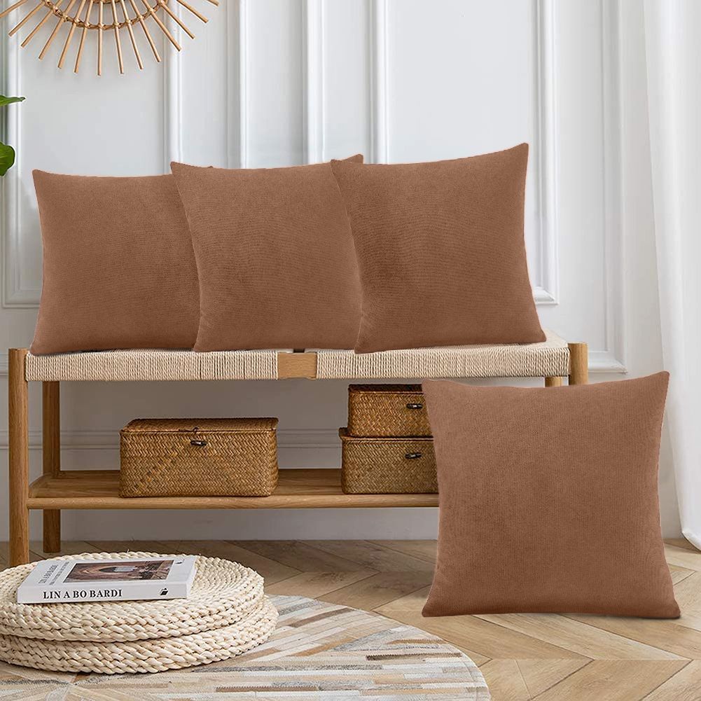 Luxury Living Set of 4 Velvet Chenille Cushions 45cm x 45cm with Removable Covers & Plush Pads - Soft, Stylish Home Décor in Tan