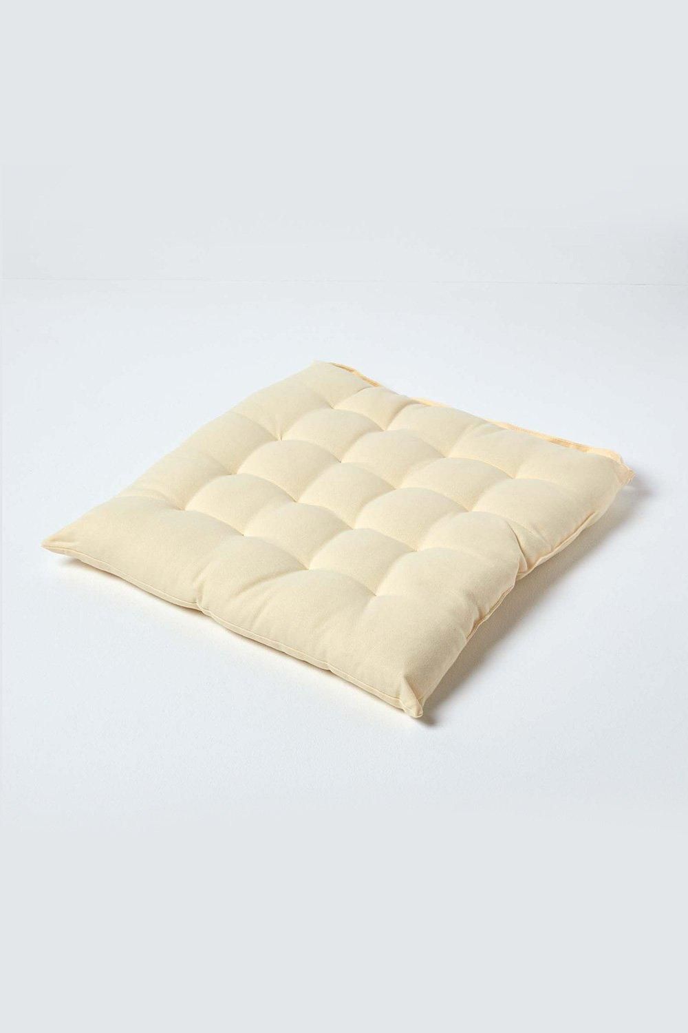 Homescapes Seat Pad Luxury 100% Cotton Indoor Outdoor Garden Cushion, Button Tie, 40cm in Cream