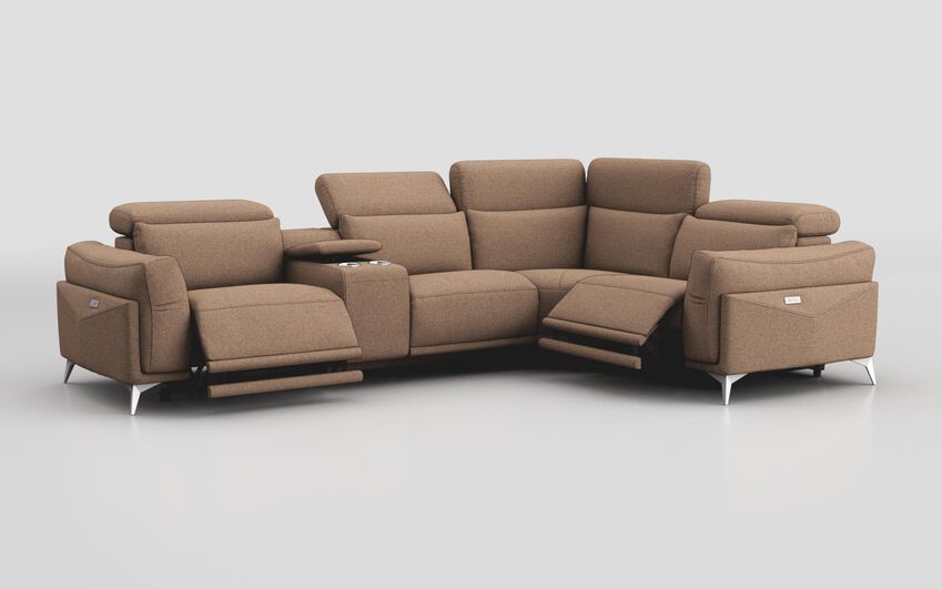 Brown Fabric Gattolino 1 Corner 2 Power Recliner Sofa with Manual Head Tilt & Console