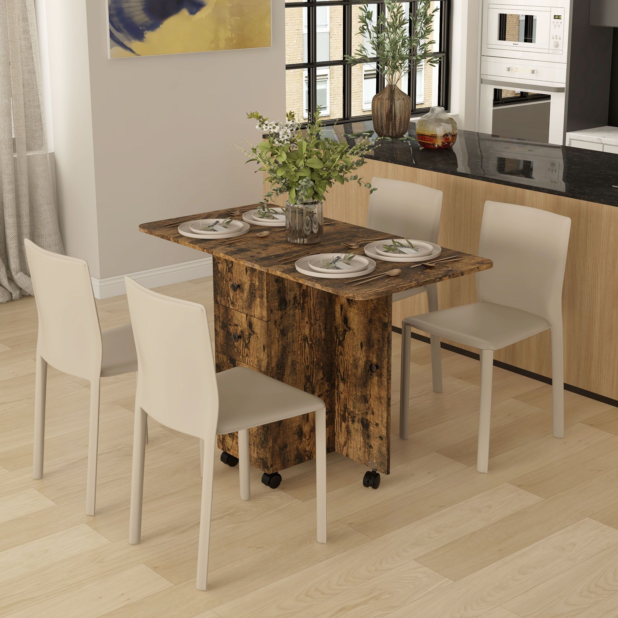 HOMCOM Folding Dining Table, Drop Leaf Table With Drawers in Brown