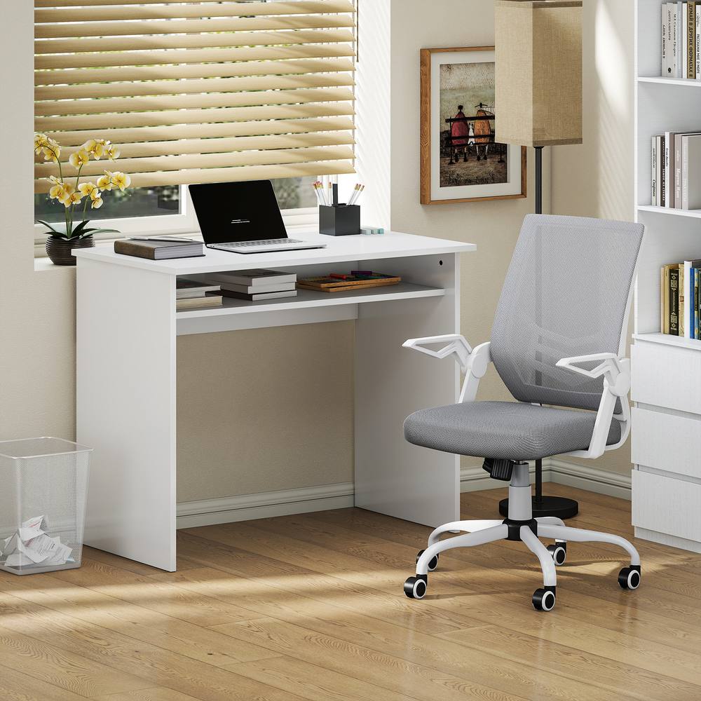 HOMCOM Home Office Desk & Ergonomic Mesh Chair Set with Shelf Lumbar Support in White
