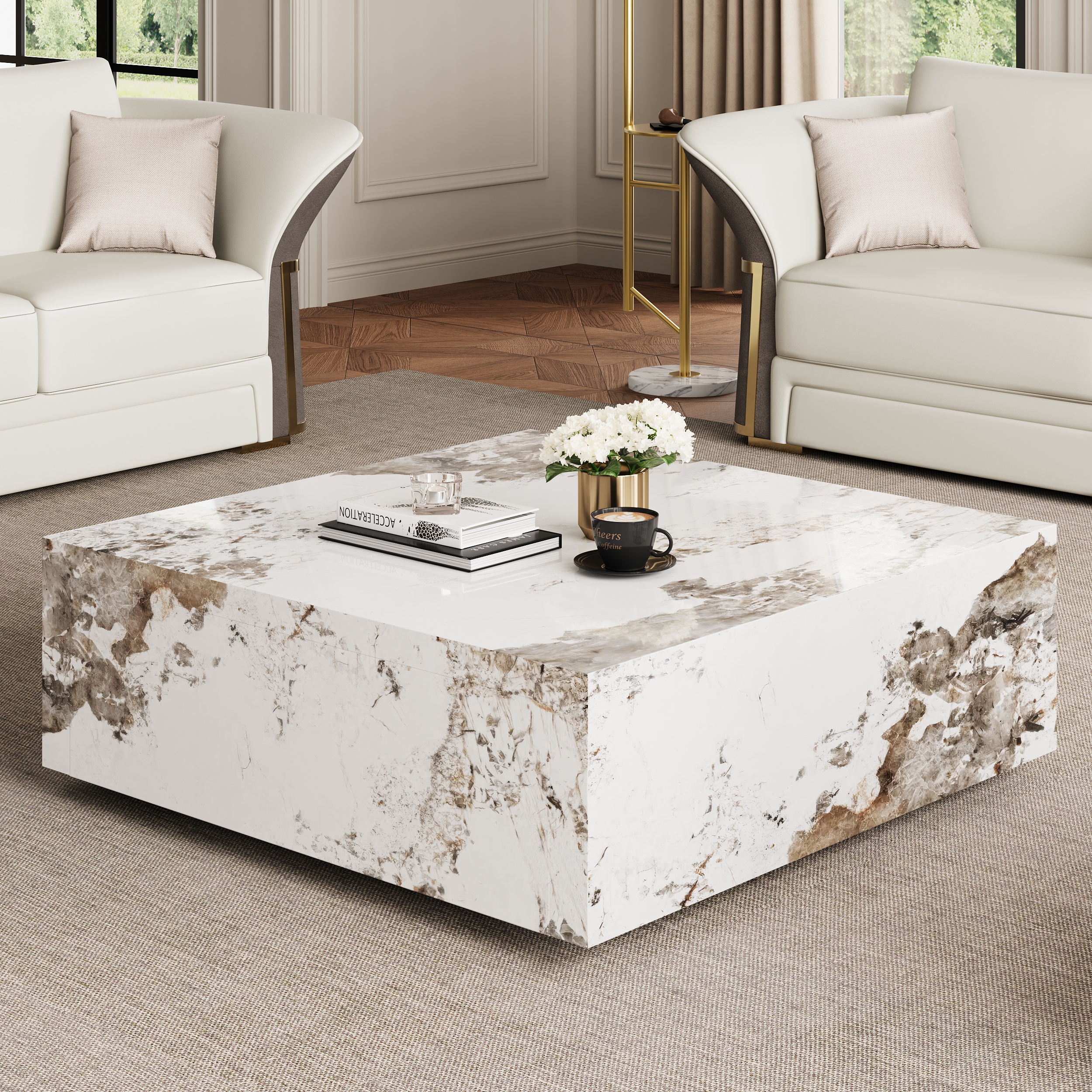 100 cm Square Sintered Stone Block Coffee Table With Storage Modern Off White Living Room Table