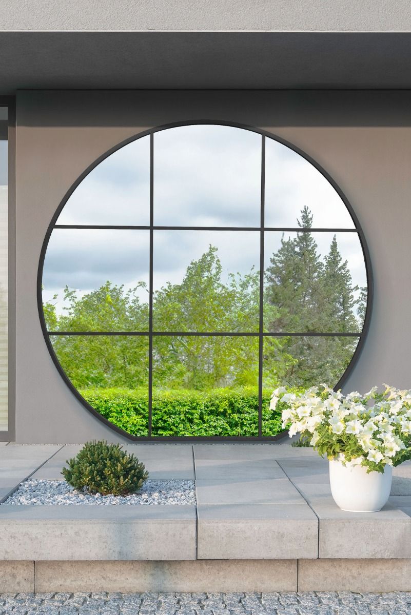 MirrorOutlet Black Framed Flat Bottom Circular Garden Wall Mirror (189CM X 180CM)