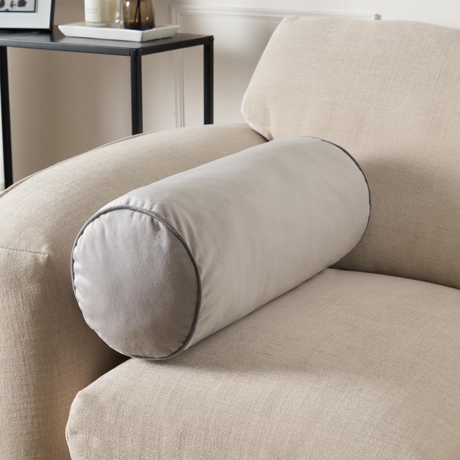 OHS Bolster Cushion Matte Velvet Filled Bedroom Sofa Plump Decorative Scatter Pillow in Light Grey