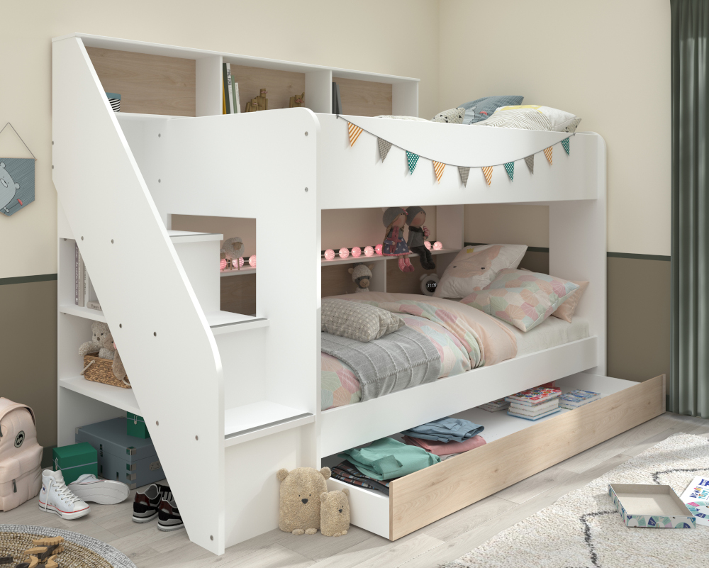 Bibliobed White and Oak Staircase Bunk Bed With Underbed Trundle - EU Single