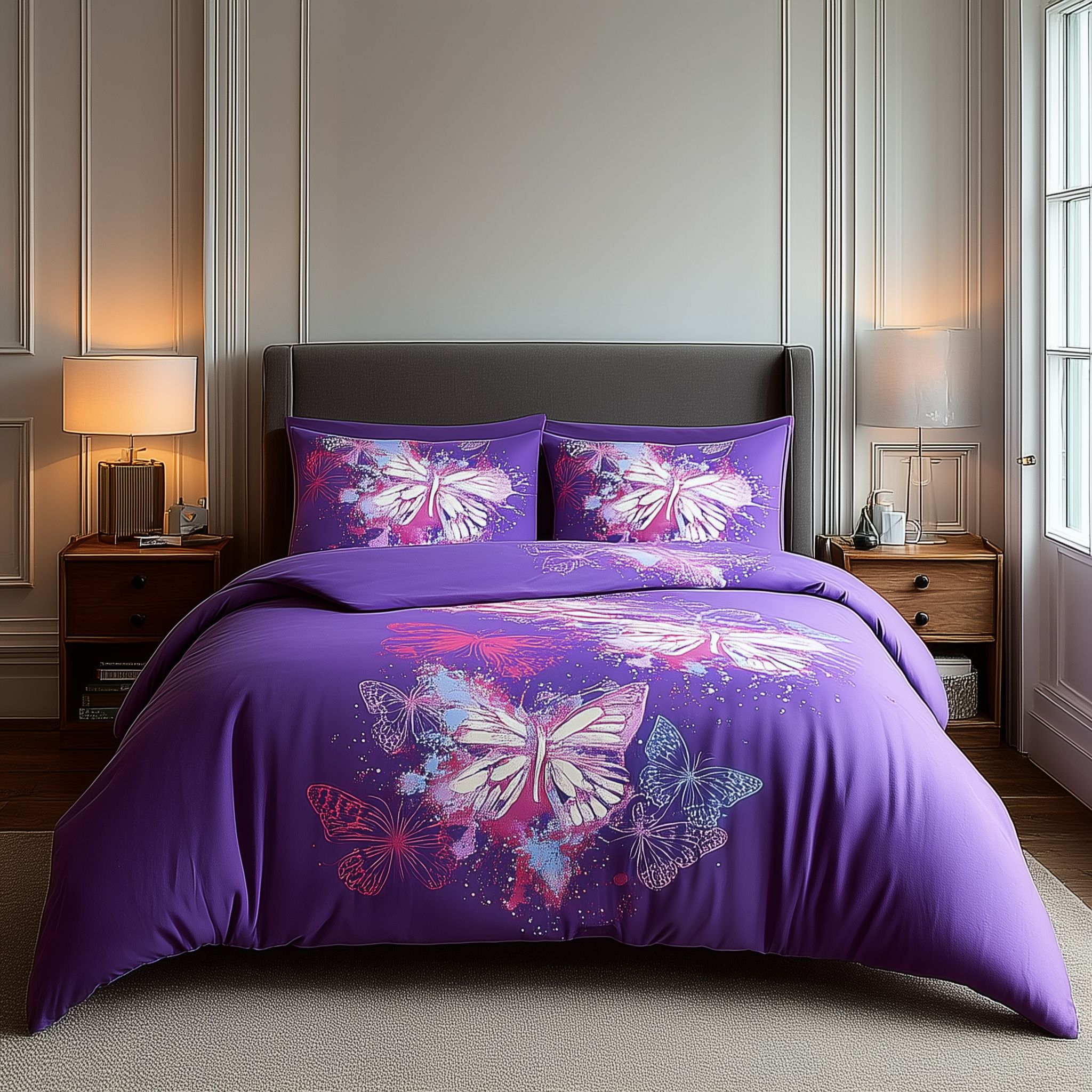 Snug City Duvet Cover & Pillowcase Set Printed Butterfly Design Bed Linen in Purple