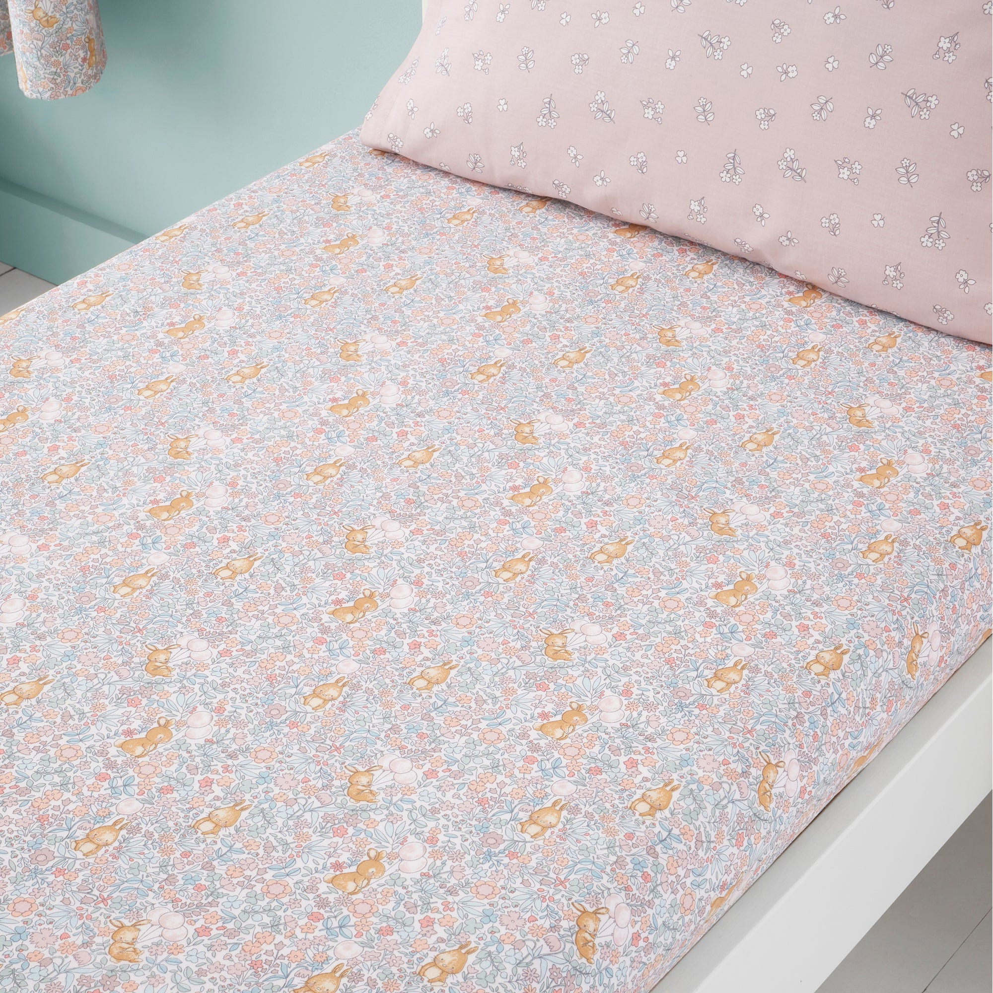 Set of 2 Ditsy Bunny Pink 100% Cotton Fitted Sheets Light Pink