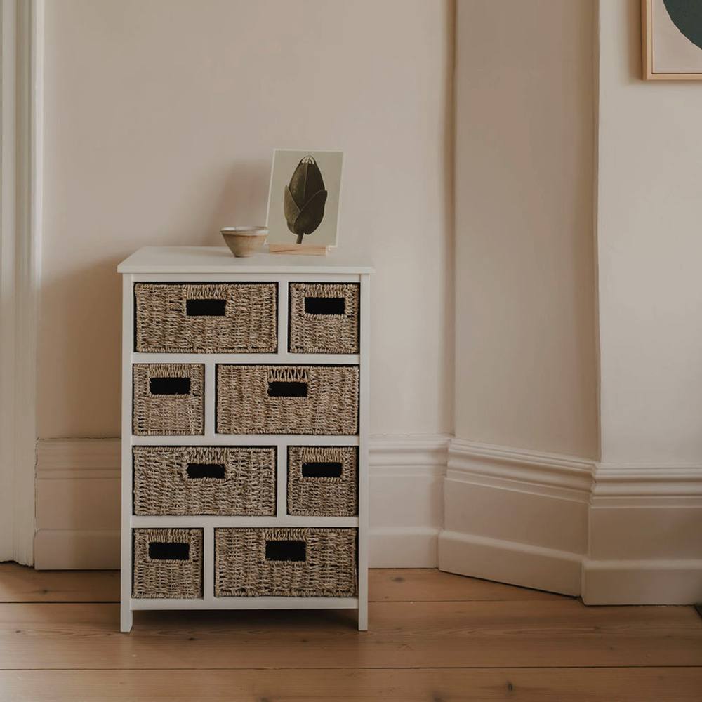 Statement Furniture Tetbury 8 Drawer Storage Unit- White with Whitewash Seagrass Baskets