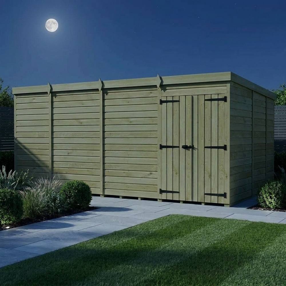Buttercup Farm 15ft x 9ft Pent Garden Shed Double Door No Windows - Timber in Brown 3