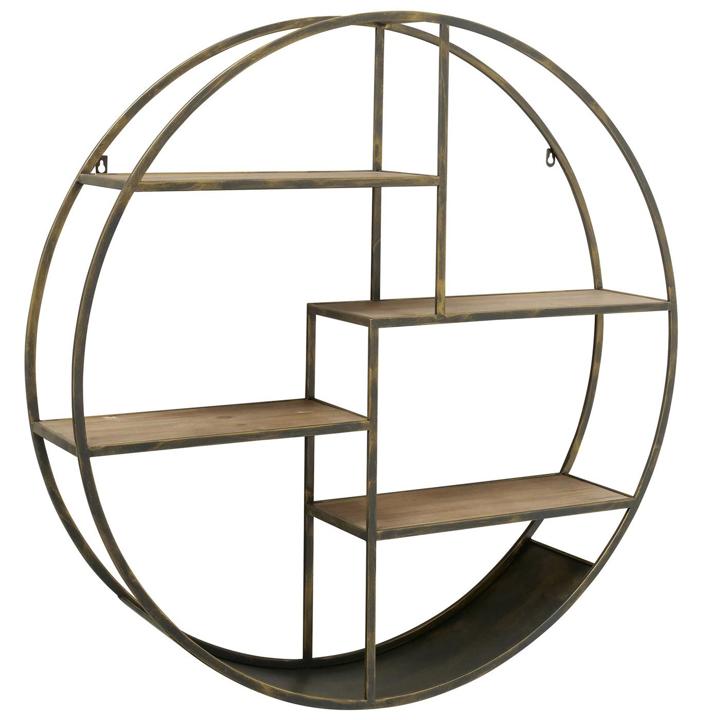 Round Wall Shelf, Antique Brass and Wood