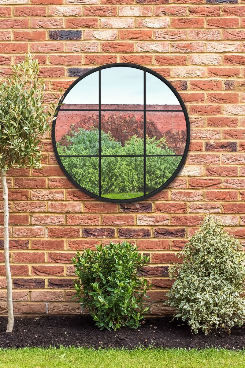 MirrorOutlet Black Metal Frame Round Window Garden Wall Mirror 31"x31" 80x80CM
