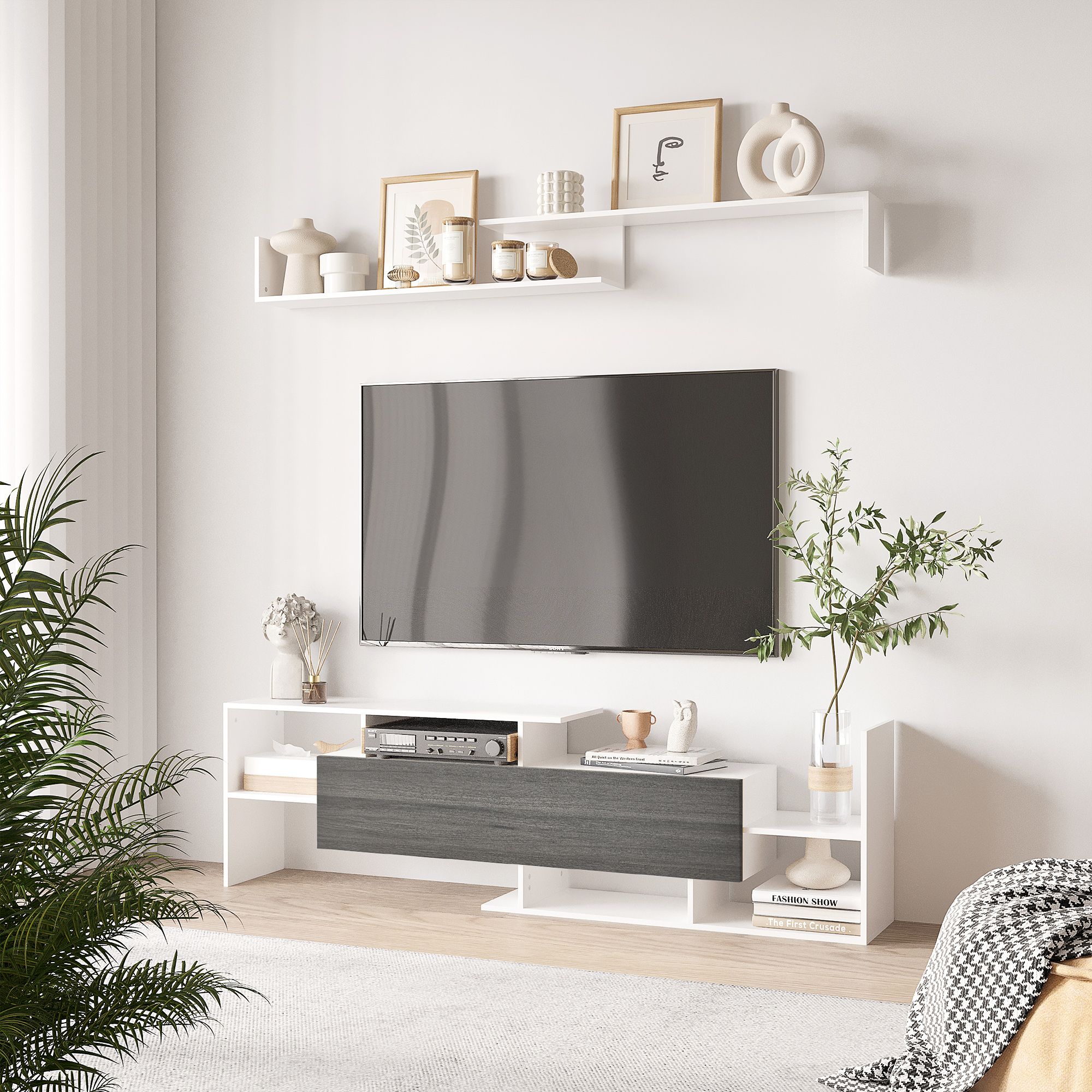 HOMCOM Unit Cabinet for TVs up to 65 Inches w/ Wall Shelf & Storage Cabinet in White
