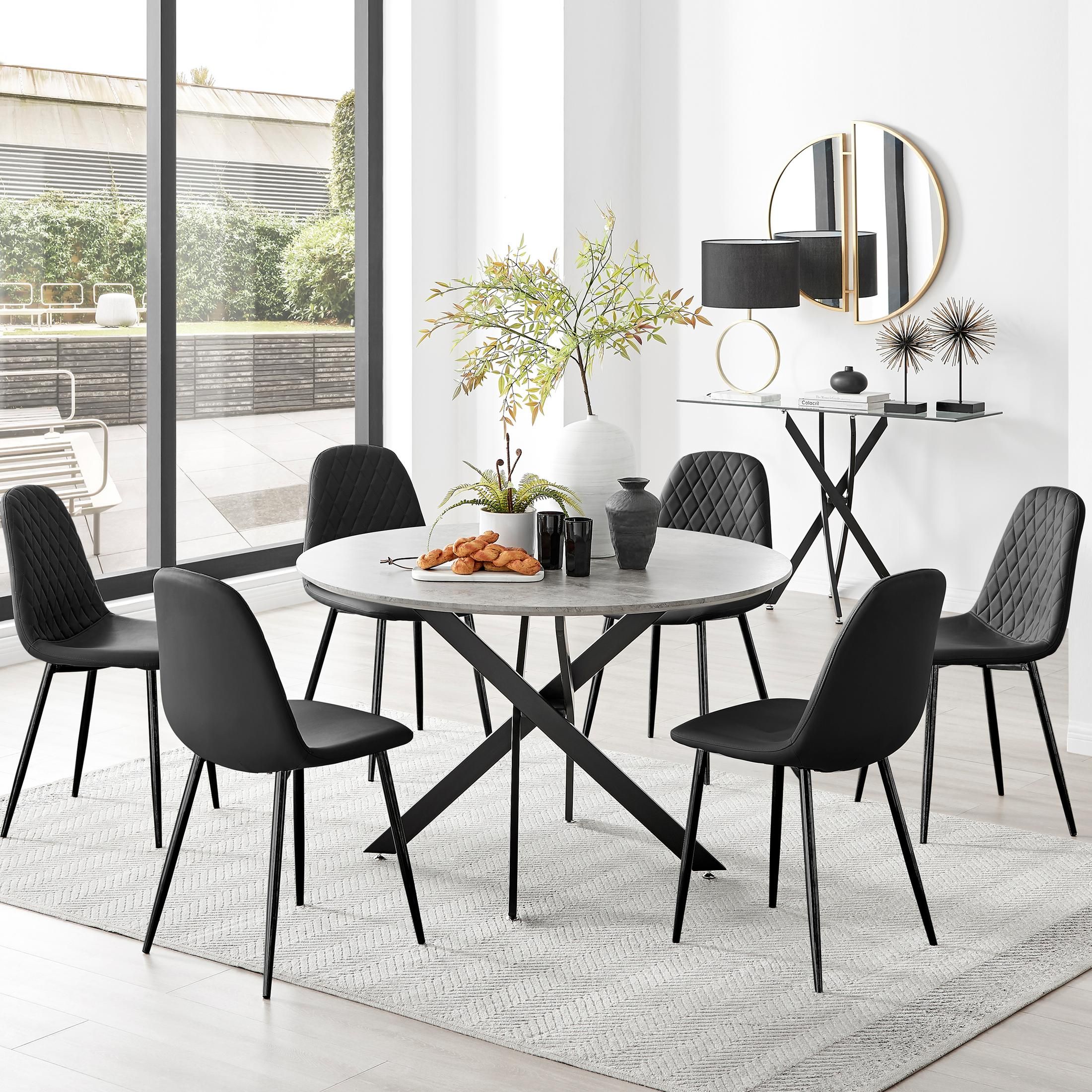 FurnitureboxUK Novara Grey Concrete Effect Black Leg 120cm Round Dining Table & 6 Corona Black Leg Chairs