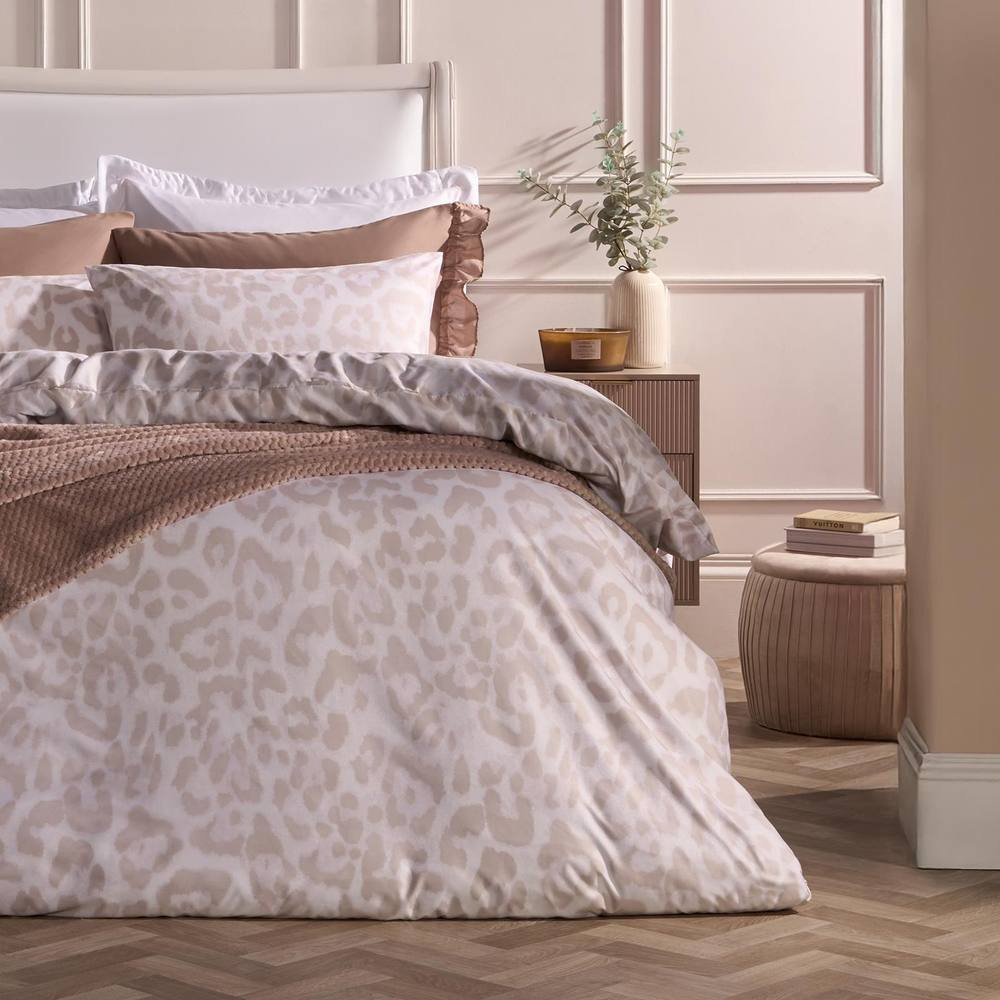OHS Leopard Duvet Cover Set Microfibre Bedding with Pillowcase in Stone