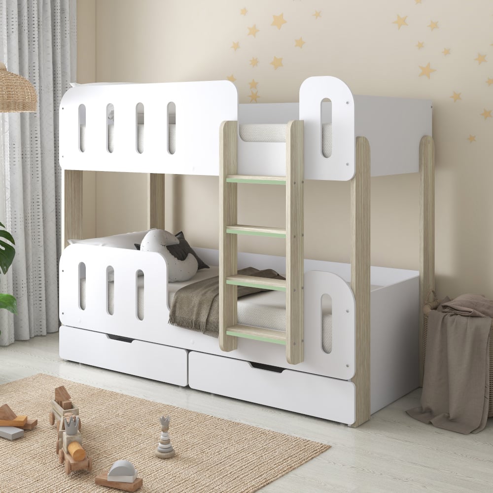 Elisa - Single – Bunk Bed with Underbed Drawers – White/Pale Wood - Particleboard - 3ft