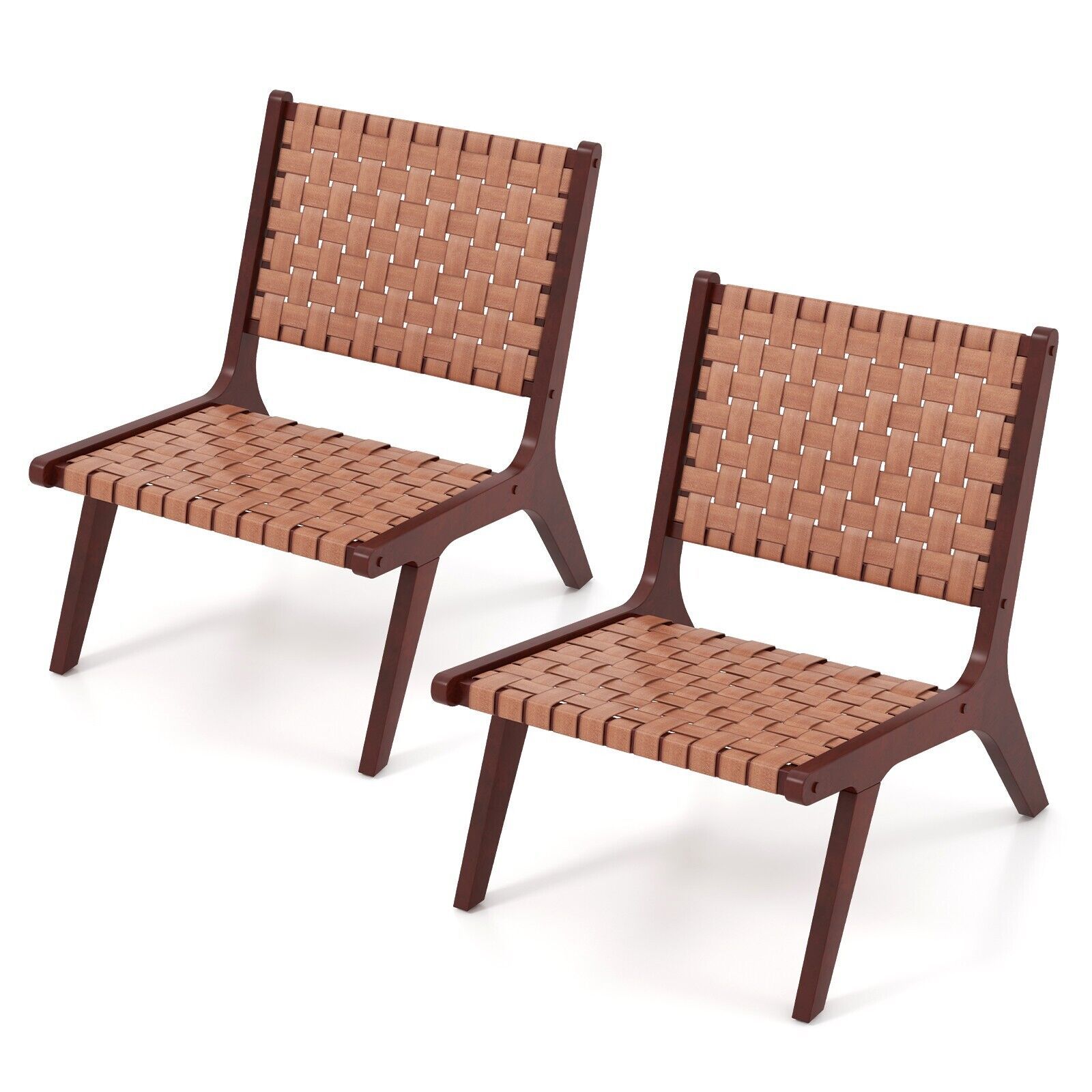 Costway Set of 2 Modern Woven Leather Accent Chair Living Room Lounge Chair W/ Wood Frame in Brown